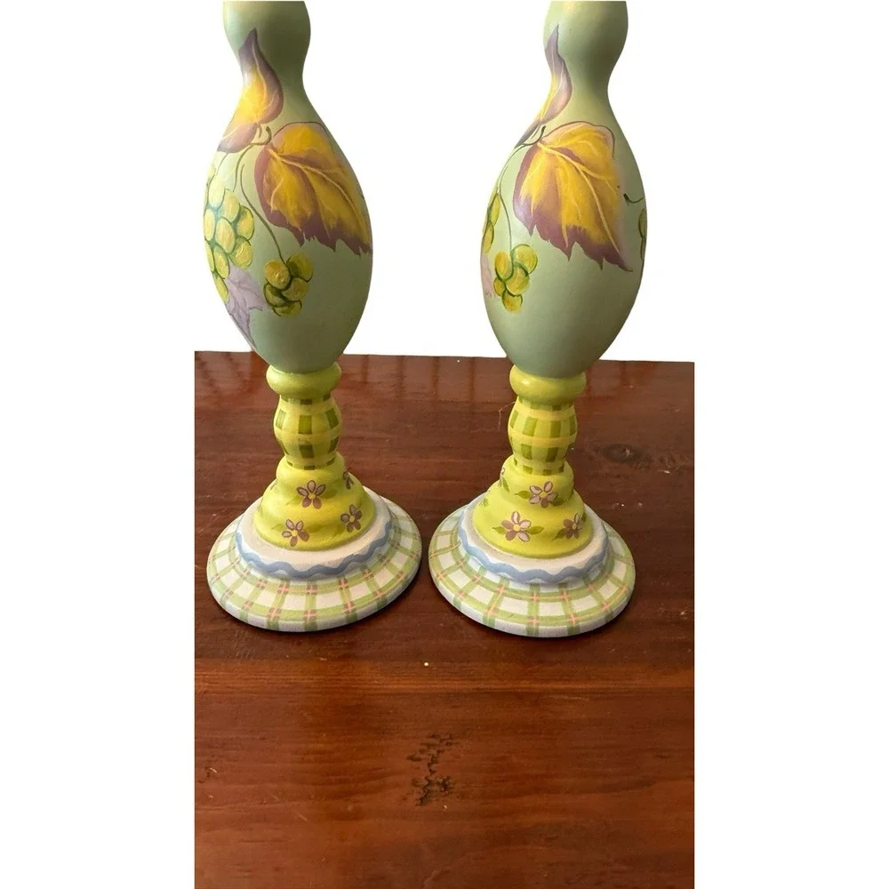 Vtg Tracy Porter Wood Candle Sticks Hand Painted 2/87 Pair Floral Signed 15